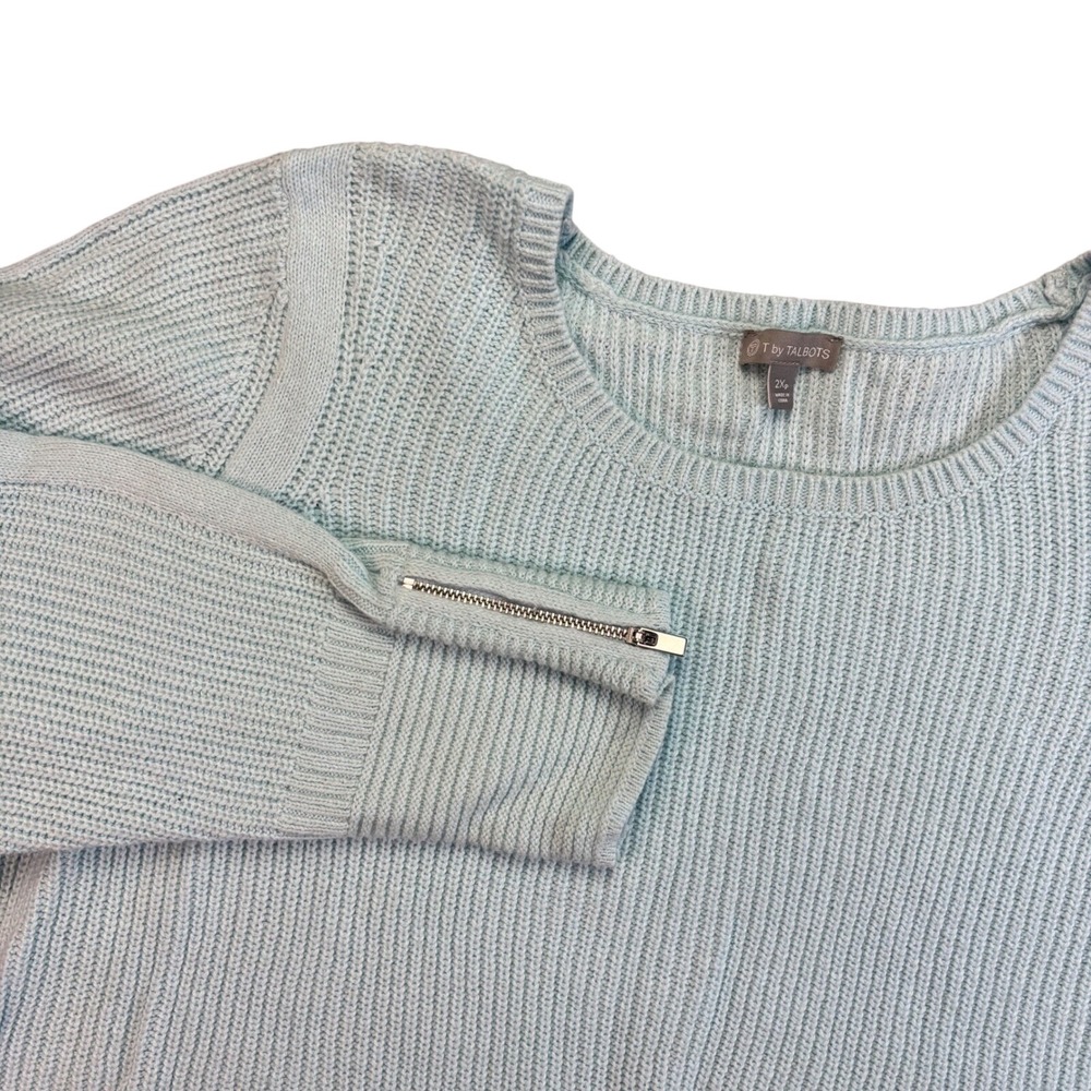 T by Talbots Light Blue Ribbed Knit‎ Crew Neck Sweater with Zipper Size 2X Plus